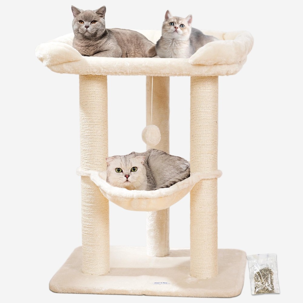 28" Cat Tree Tower, Tall Cat Scratching Post with Soft Perch for Window Viewi...