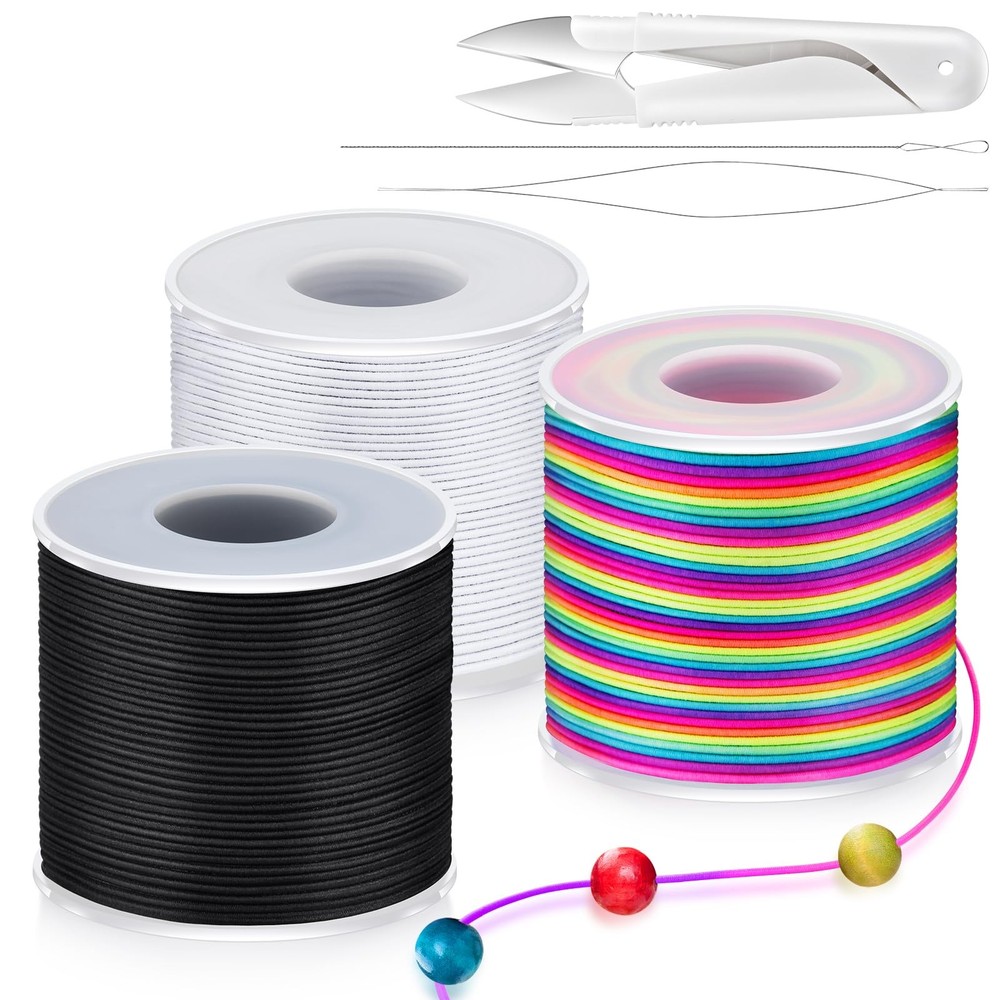 492 Ft Stretchy Bracelet String 1mm Elastic 1MM, Rainbow, White, Black