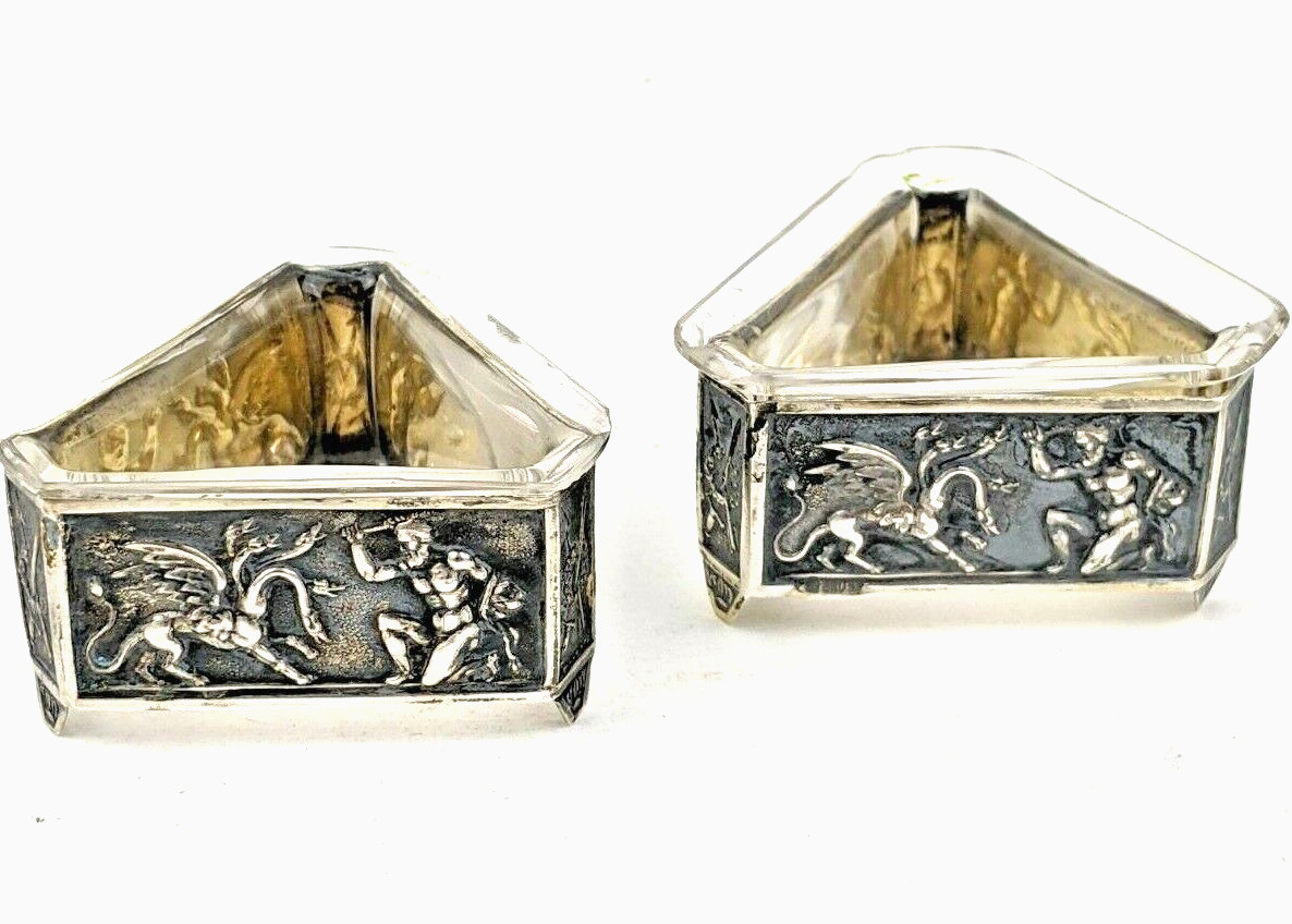 800 Silver Antique Germany Figural Mythology Glass Lined Salt Cellars RARE Pair