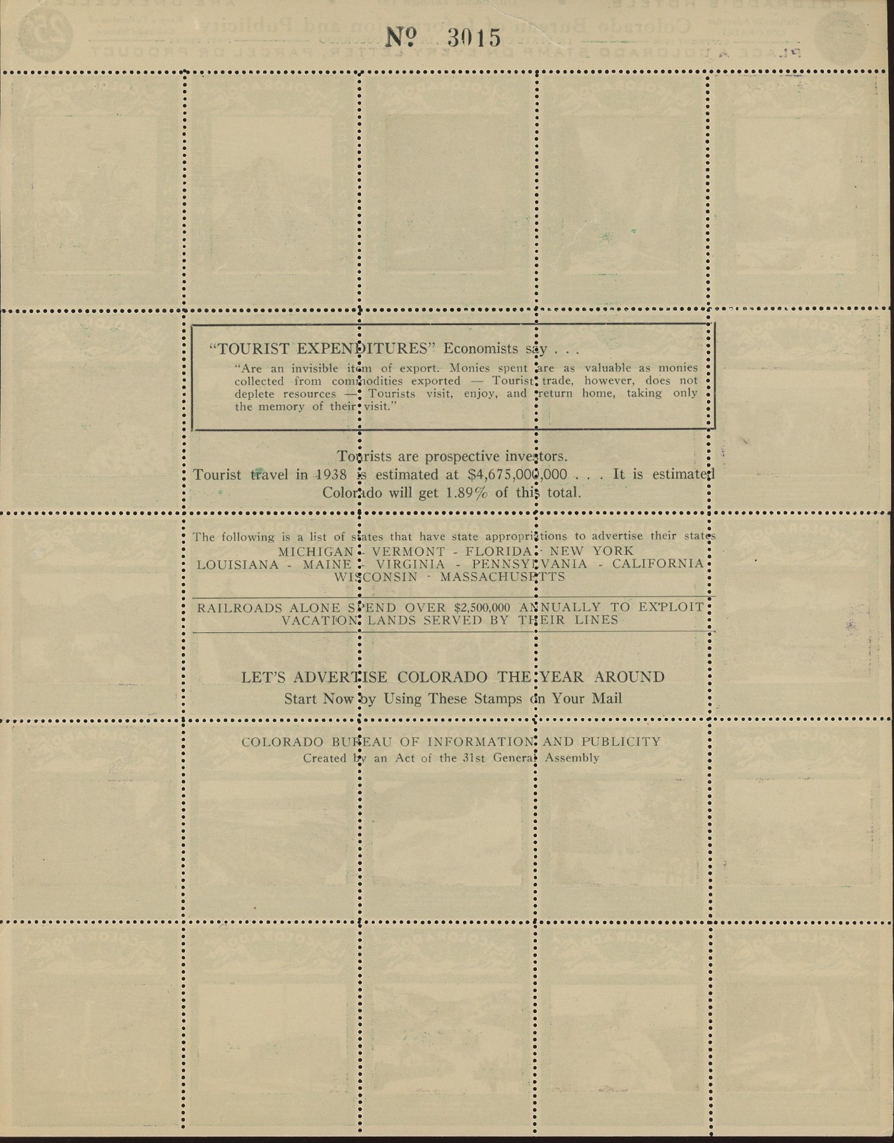 1938 Colorado Cool in Summer Mild in Winter Poster Stamp Sheet of 25