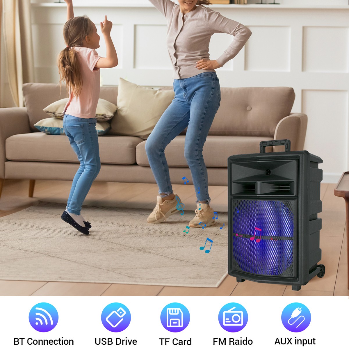 15" 10000W Bluetooth Party Speaker with Heavy Bass LED Lights Wireless Mic Stand