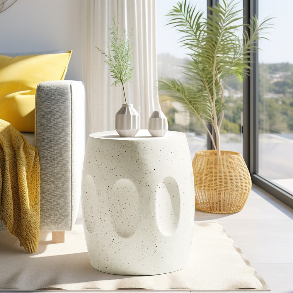 Off-white Round End Table Coffee Sofa Side Table Drum Shape Solid Concrete