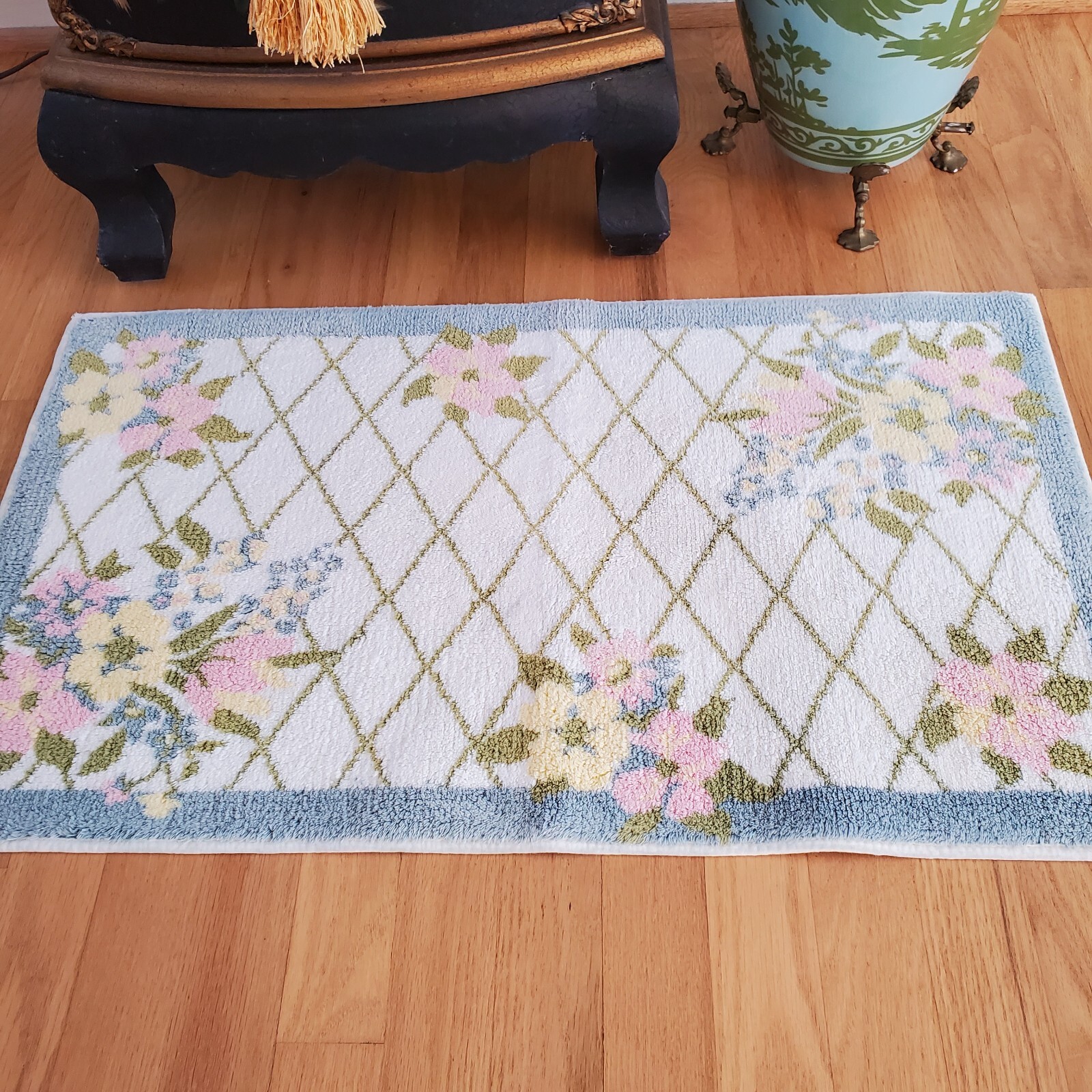 Longaberger Bath Mat Rug Pastel Trellis Pattern Blue Pink Cream White 18.5"x31"