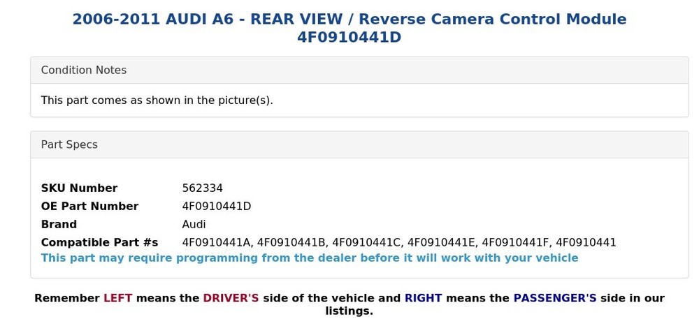 2006-2011 AUDI A6 - REAR VIEW / Reverse Camera Control Module 4F0910441D