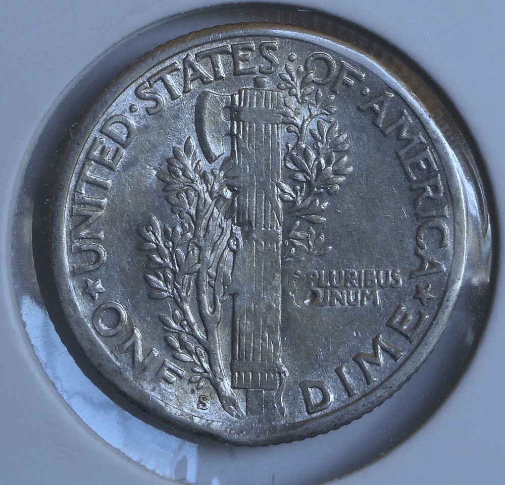 1925-s . Mercury Dime . XF . Extra Fine . Error damage . Struck Through