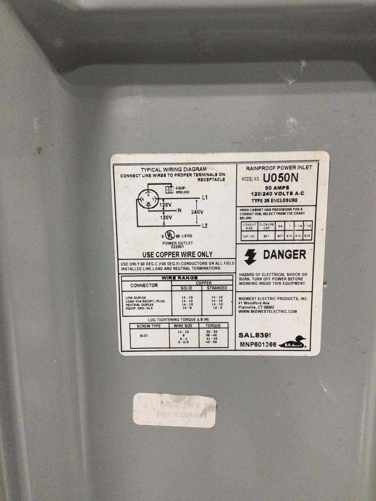 Midwest U050N Outdoor Twist Lock Power Outlet 50A 3 Wire 120/240V Surface Mount