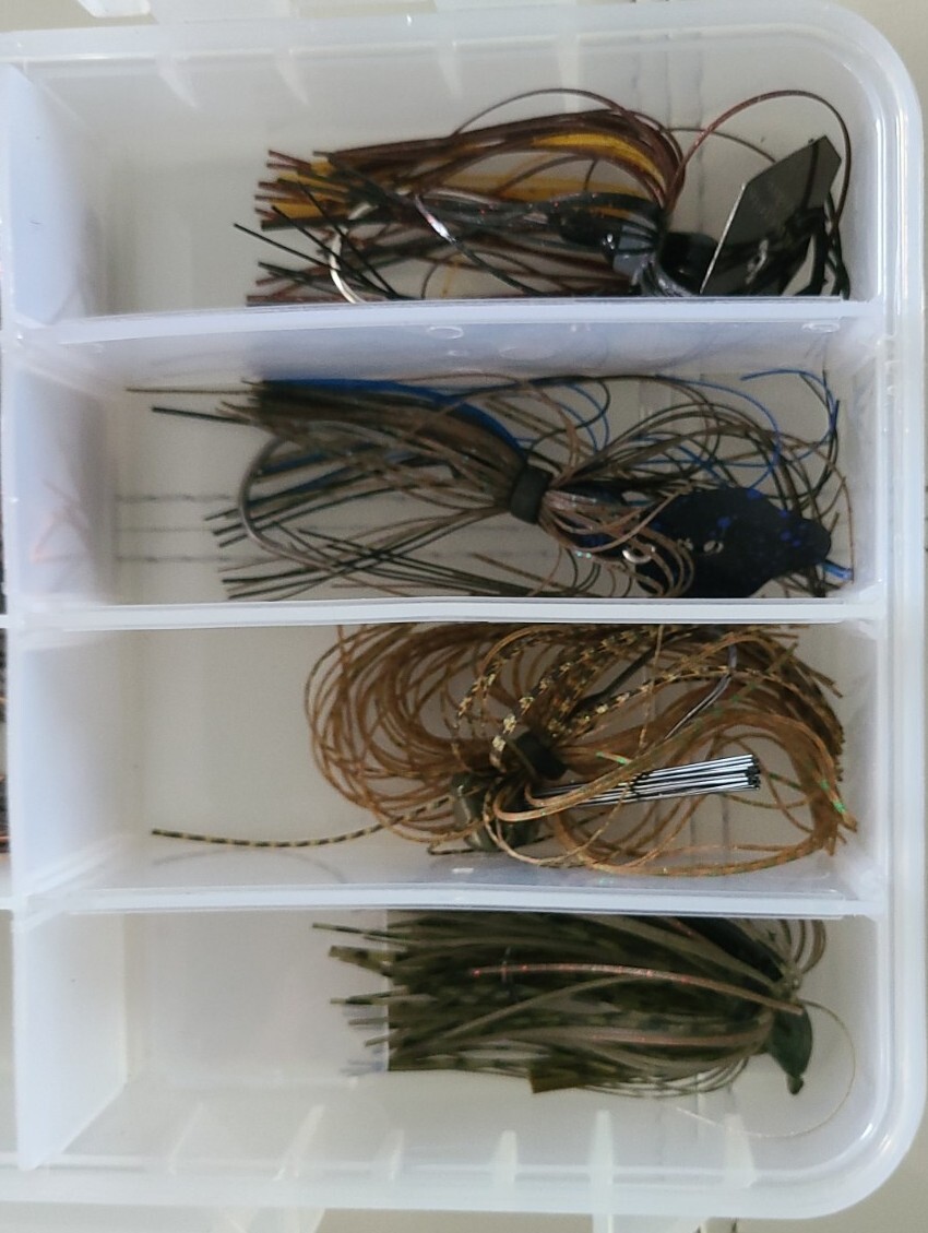 Lot of 11 Spinner and 'Riot" baits with clear Plano Fishing Tackle Box 11”x7”