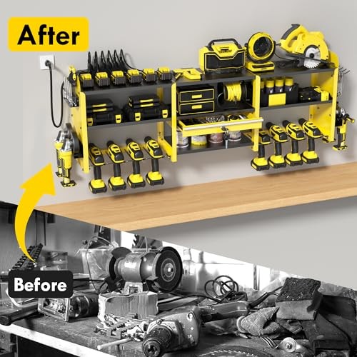 Large Power Tool Organizer Wall Mount with Locking Drawers, Grinder Yellow