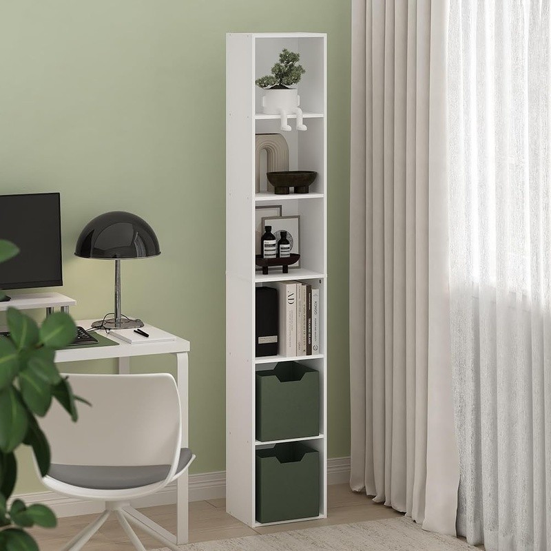 Slim 6-Tier Bookshelf Open Storage Engineered Wood Space Saving Modern Design US