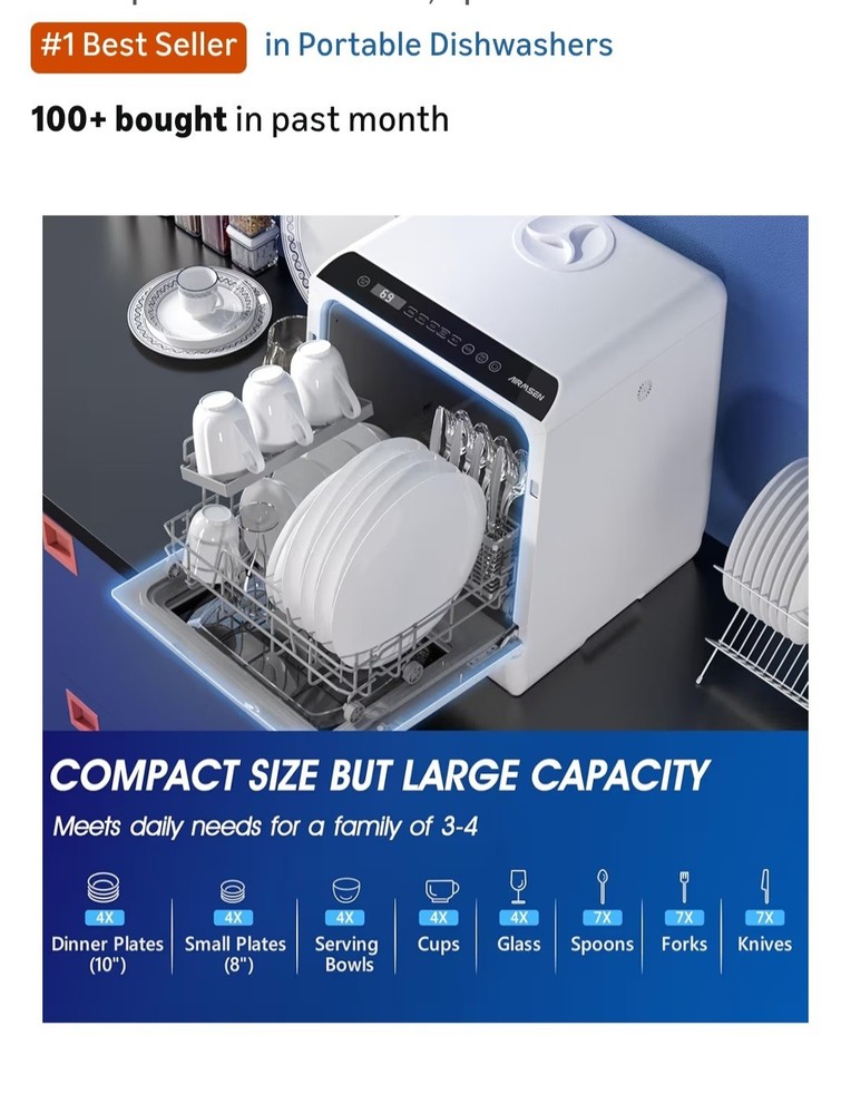 AIRMSEN Portable Countertop Dishwashers, 5 Washing Programs Mini Dishwashers wit