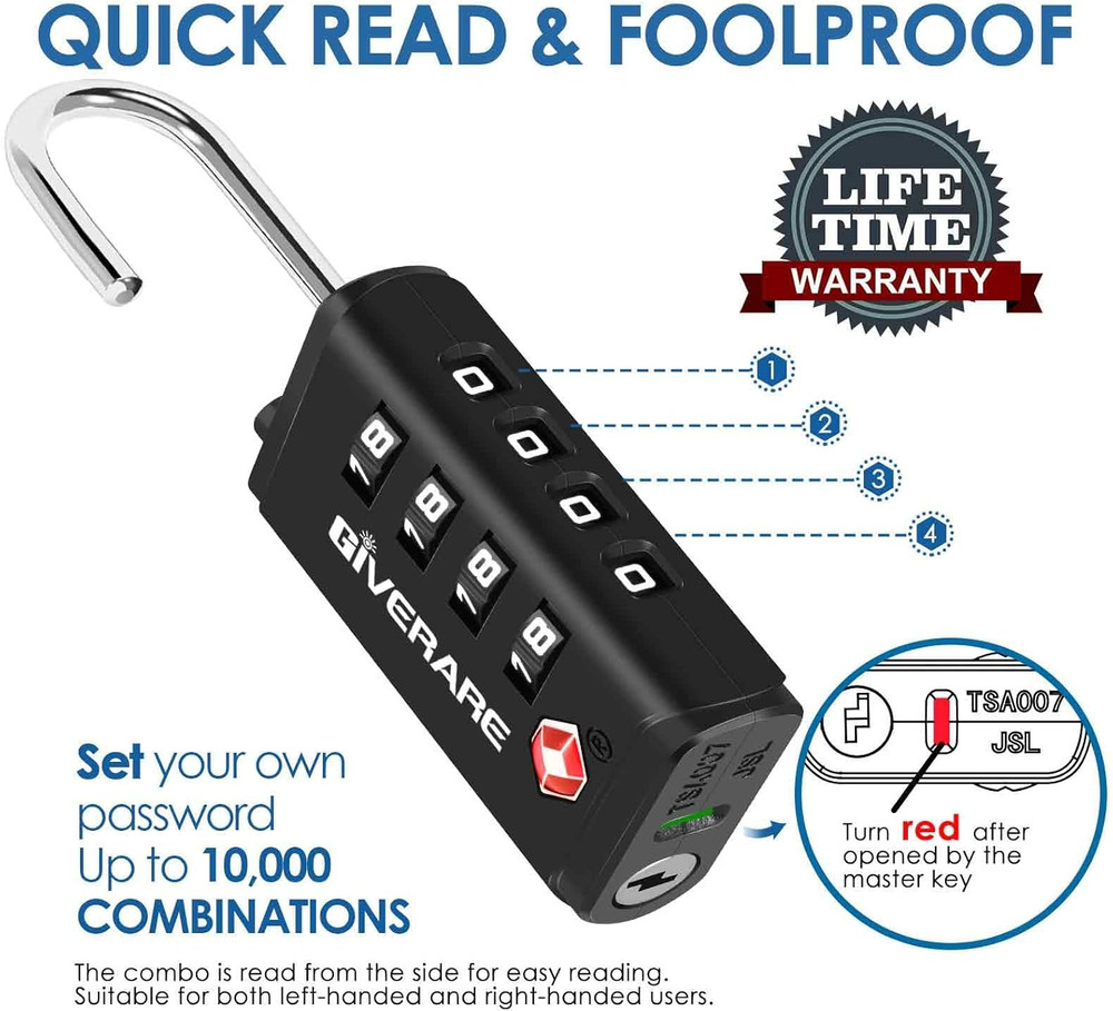 4-Pack TSA Approved Luggage Locks 4-Digit Combo, Open Alert Indicator, Black Set