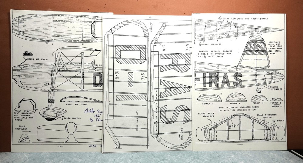 ARADO TRAINER BALSA FREE FLIGHT MODEL AIRPLANE PLANS 20" WINGSPAN