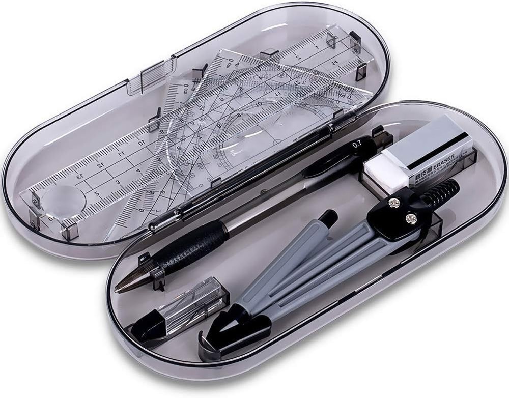 Math Geometry Kit Set - Shatterproof Box,Rulers,Protractor,Compass,Pencil,Eraser