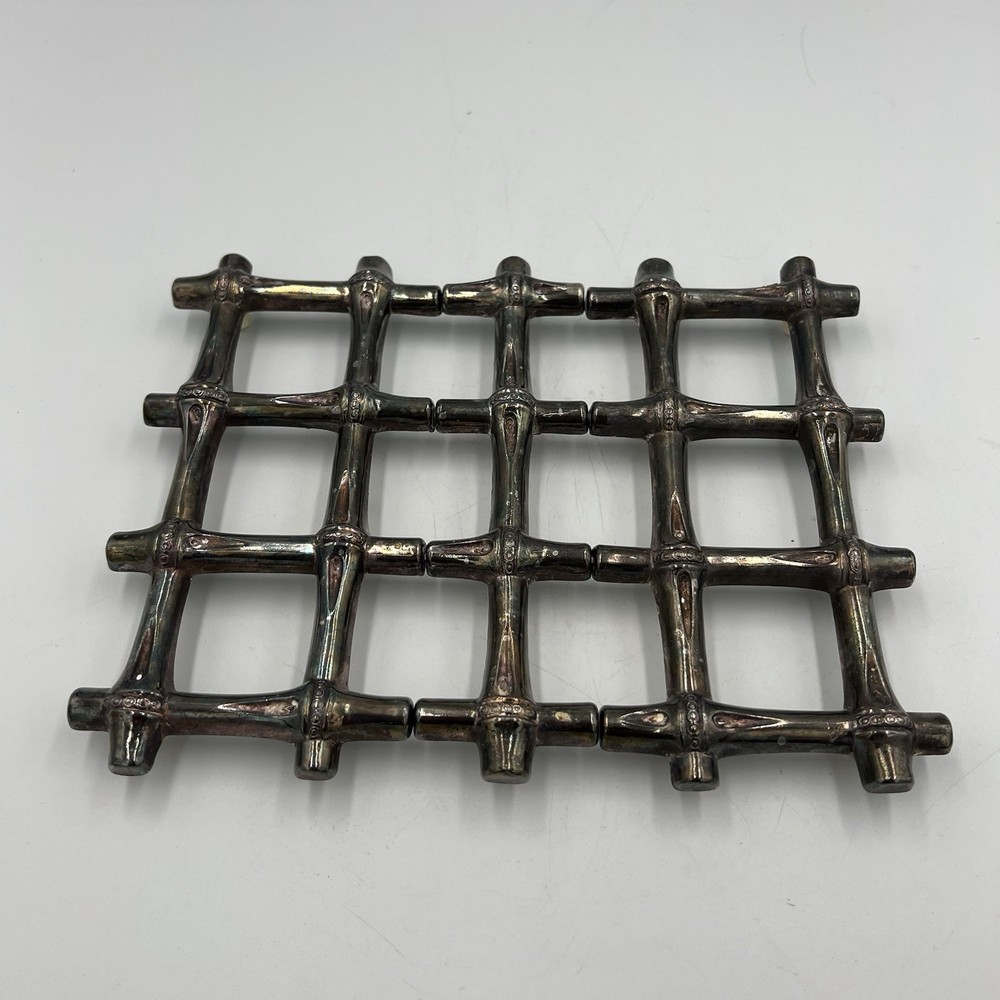 Leonard Silverplate Expanding Bamboo Trivet Italy VTG MCM