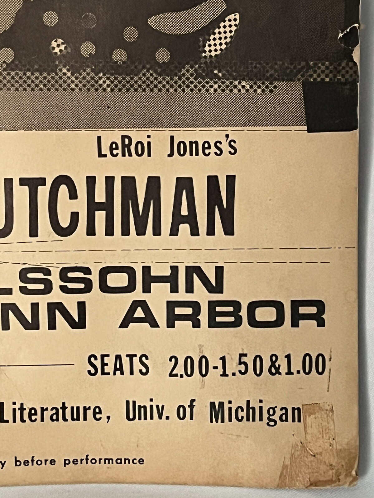 Vintage Rare 1964 LeRoi Jones Amiri Baraka DUTCHMAN U. Of Michigan Flyer Poster