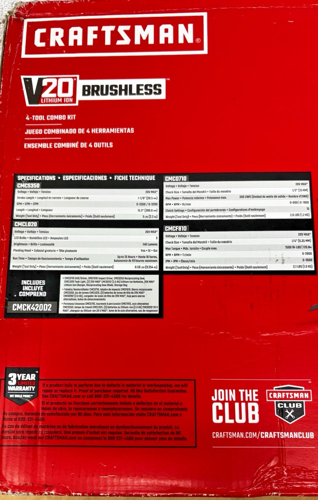 Craftsman V20 Max 4-Tool Power Tool Combo Kit with Soft Case - Black/Red...
