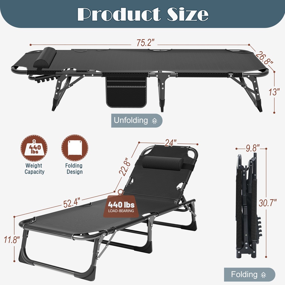 4Position Adjustable Camping Bed Padded Cot Folding Recliner Zero Gravity Chair