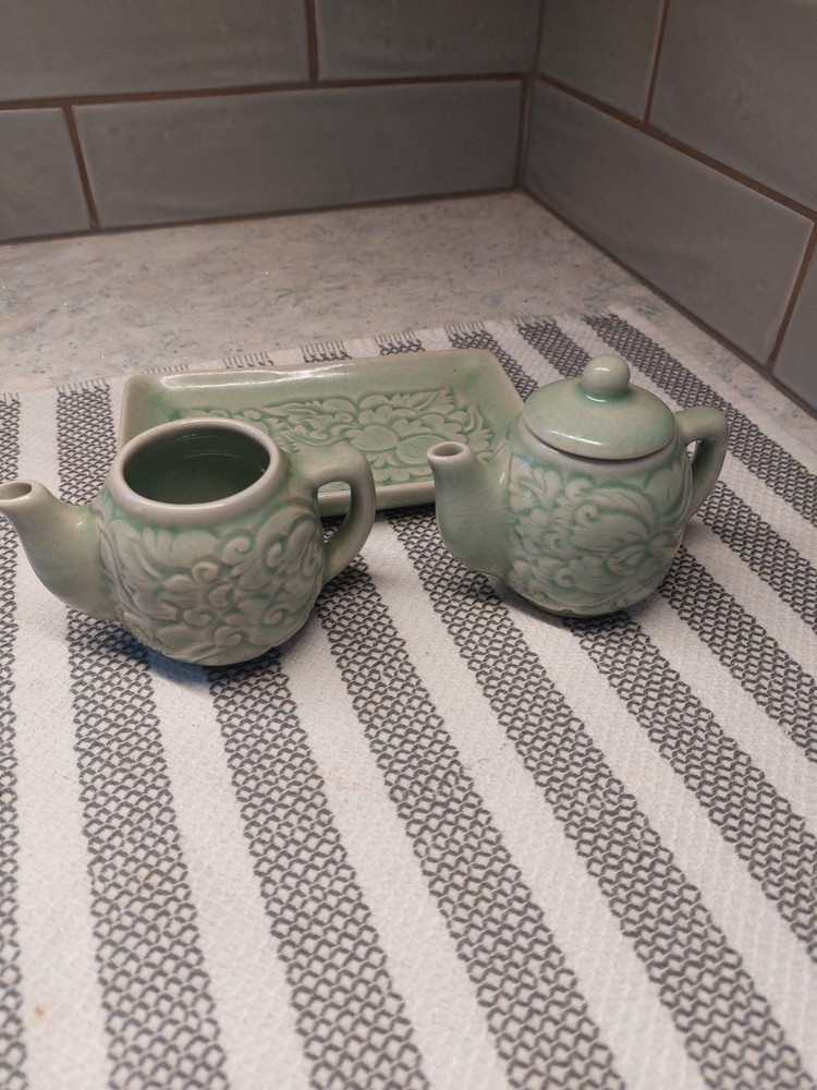 Celadon Green 3 Piece Ceramic Condiment Set *Missing One Lid*