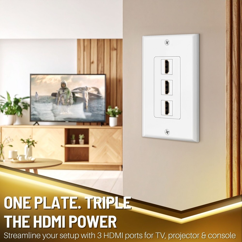 HDMI Wall Plate (3 Port, White) HDMI Socket Plug Insert Jack Outlet Panel Mount