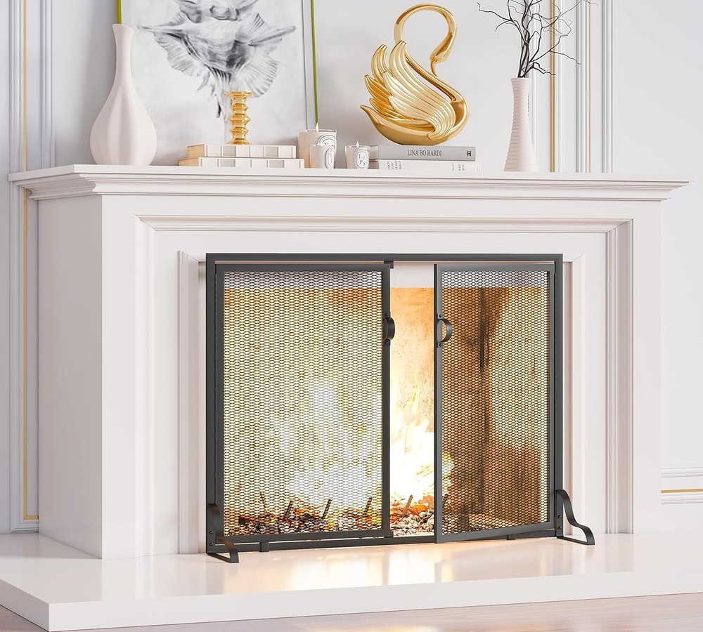 Fireplace Screen with Magnetic Doors, 2-Pannel Handcrafted Solid Wrought Iron...