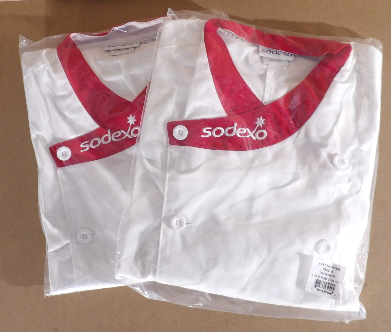 2 Sodexo Men's Chef Coat White Red Long Sleeve Double Breasted Size Large New