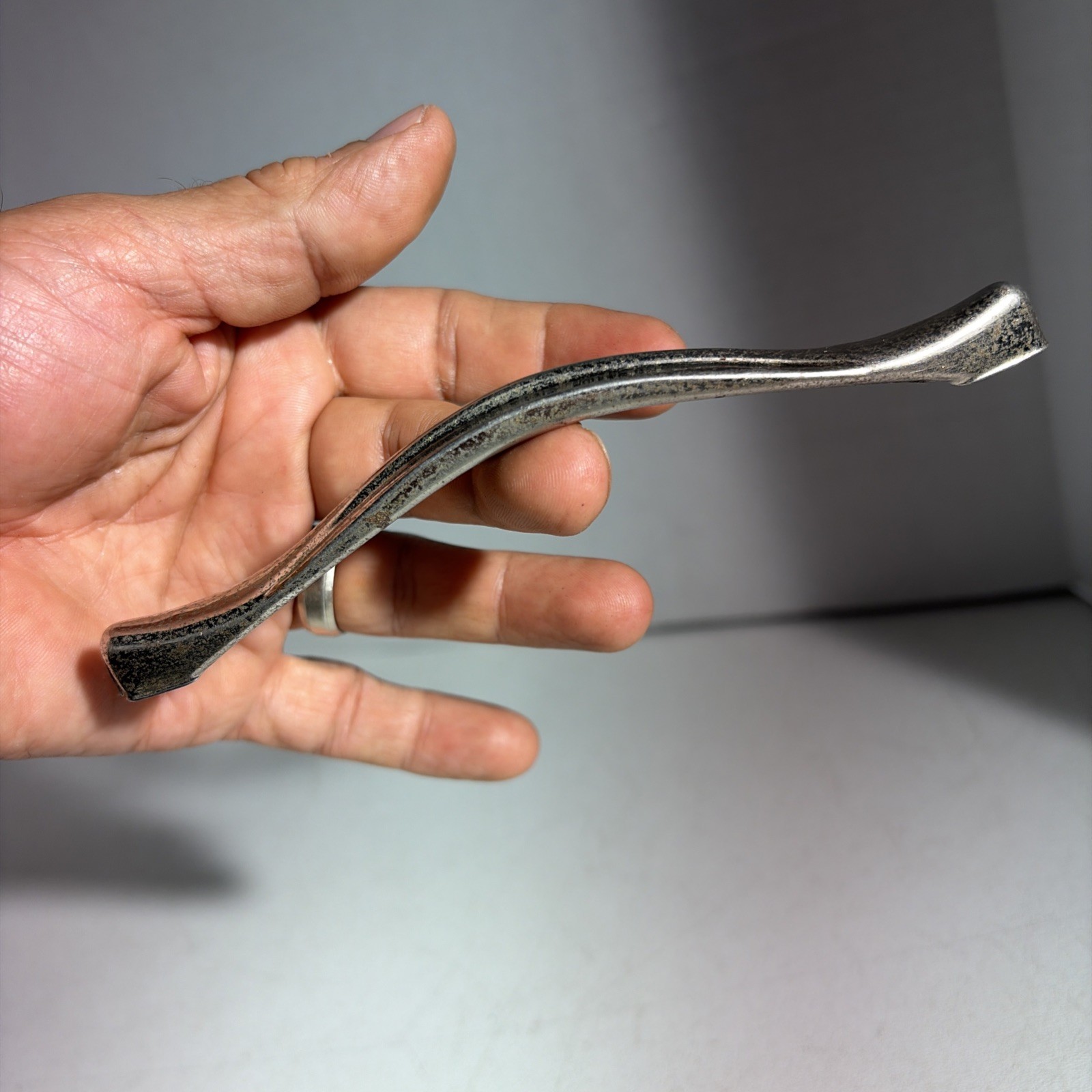 Vintage Single Mid Century Modern Silver Tone Metal Drawer Pull Handle Japan