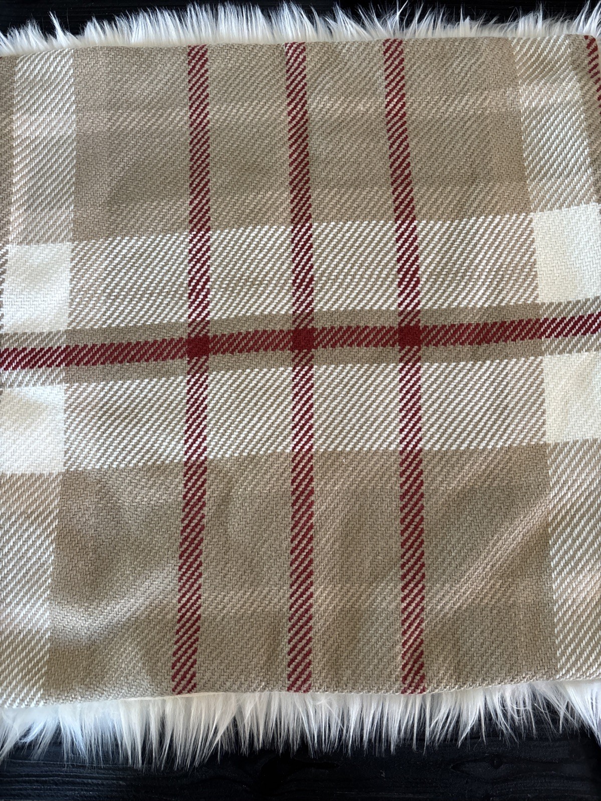 NEW Pottery Barn Emerson Plaid Faux Fur Back  pillow Cover 22" sq Sample * Read