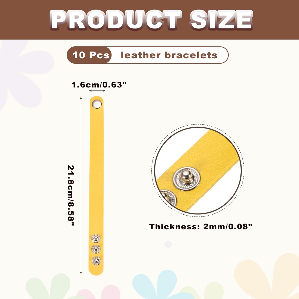 10 Pcs Plain Leather Bracelets Leather Snap Bracelets, Yellow