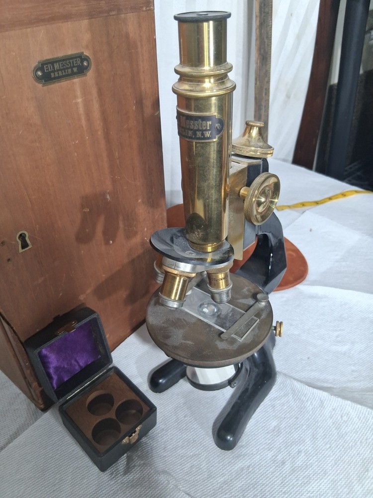 Antique E. Ed Messter Universal Brass Bacterial Microscope 1880s With Box