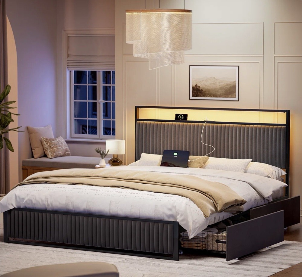 Antioch Queen Bed Frame with Storage, LED & Charging Station