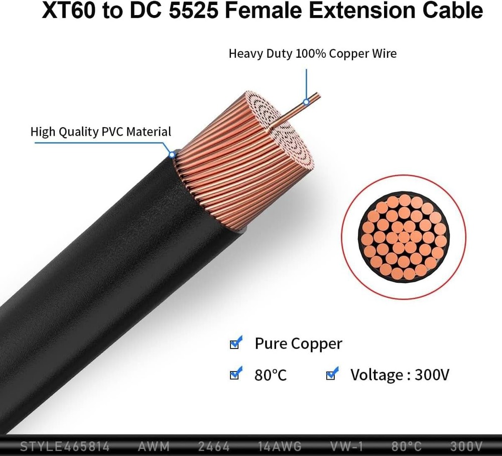XT60 to DC 8mm Adapter Cable 14AWG 5ft