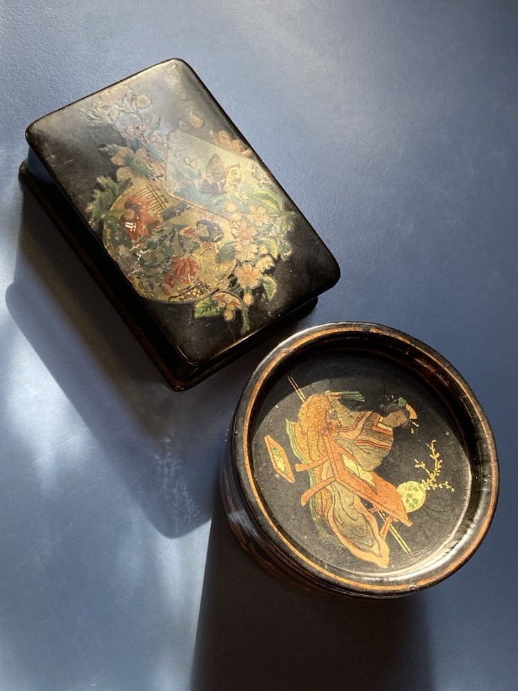 Antique Paper Mache Lacquered Snuff Boxes