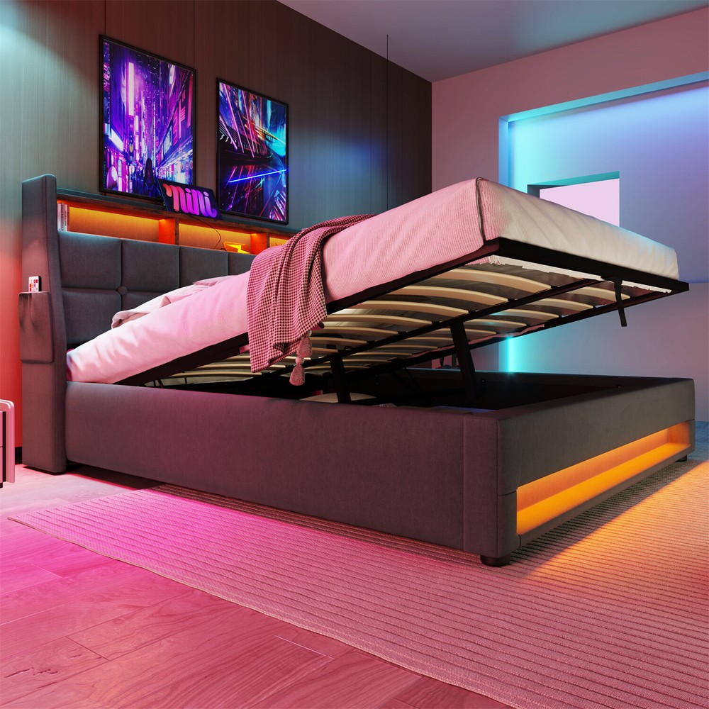 Full Size LED Bed Frame Upholstered Platform Bed with Hydraulic Storage System