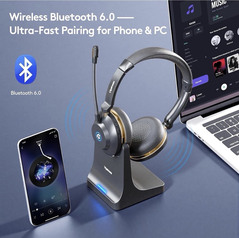 Wireless Headset with Mic for Work,6.0 Bluetooth Headset with Microphone,45 H...