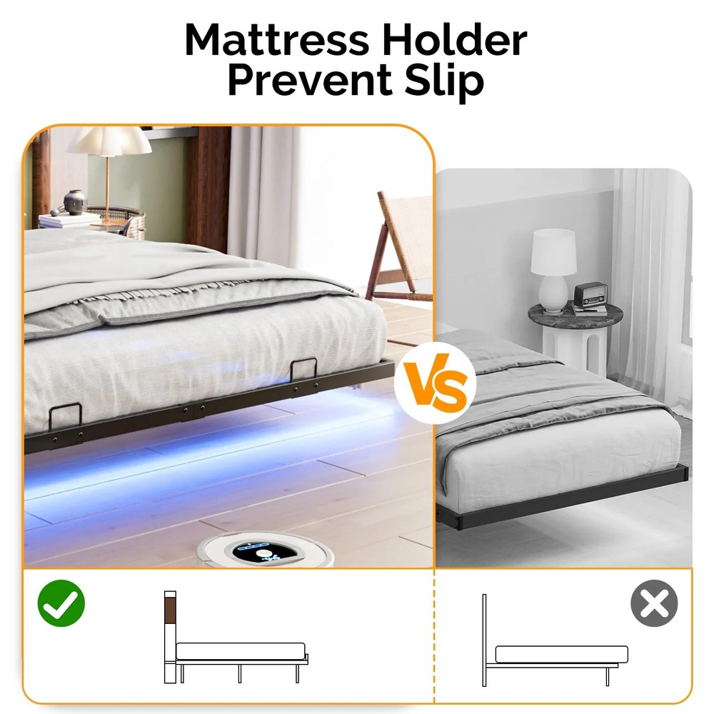 QUEEN SIZE Floating Platform Bed Frame With Charging Station Storage Headboard