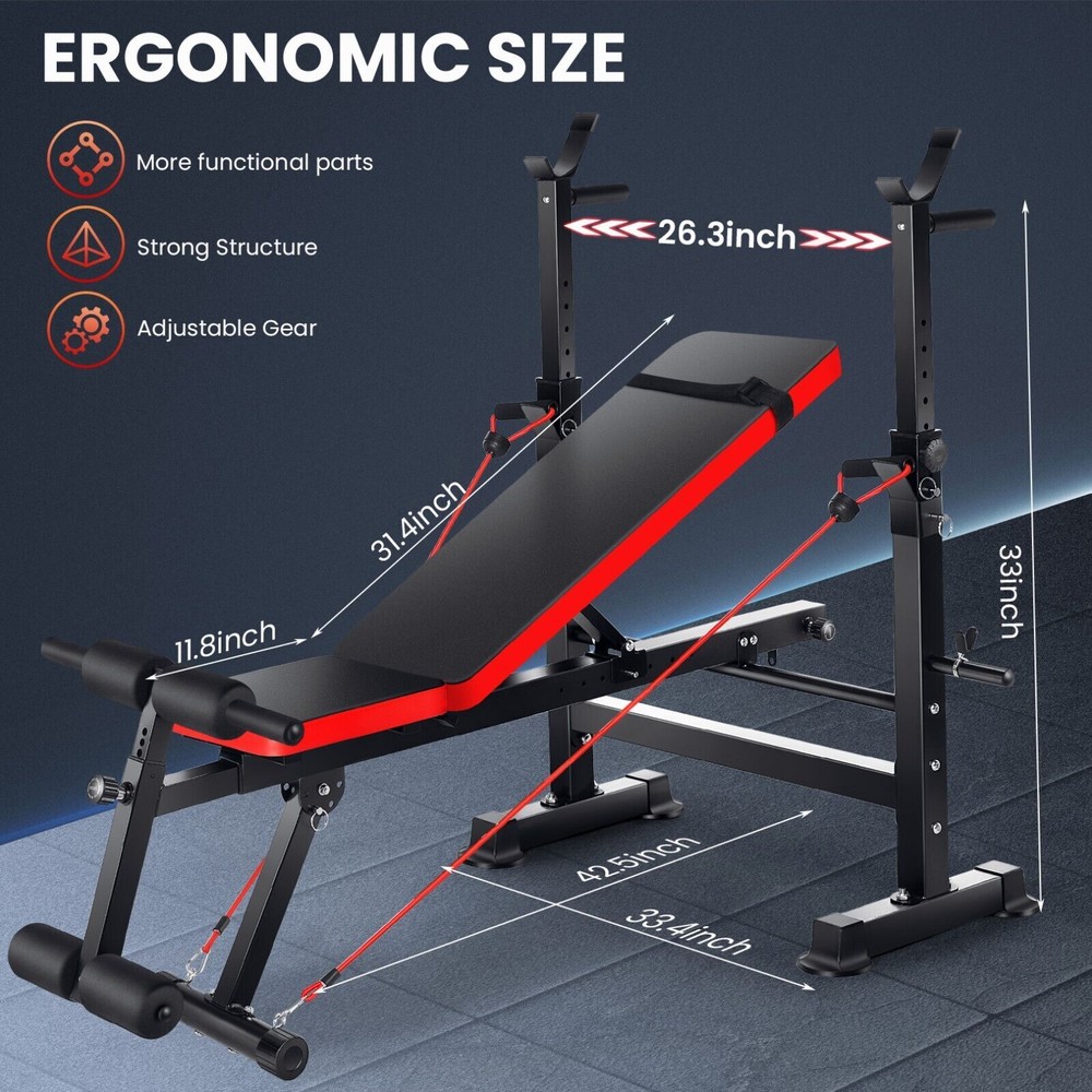 600lbs Adjustable Weight Bench Set w/Squat Barbell Rack^Foldable Workout Bench💪