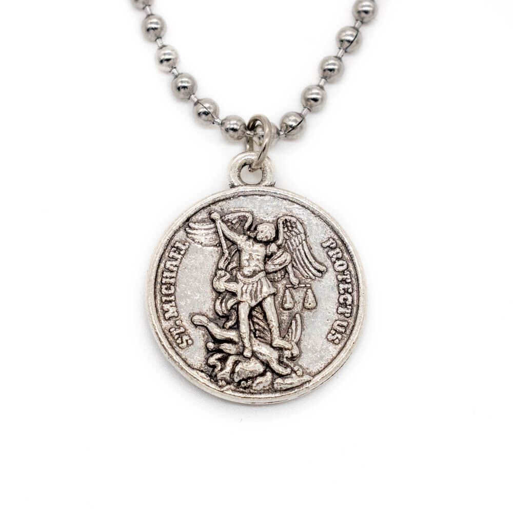 Double Sided St Michael & St Christopher Devotional Saint Medal Pendant Necklace