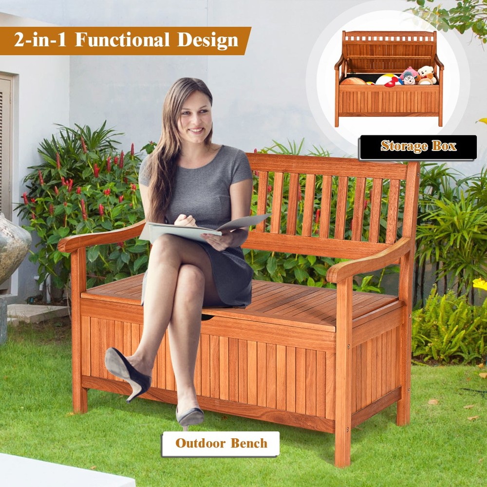 42" Storage Bench Deck Box Solid Wood Seating Container Tools Toys W/Backrest
