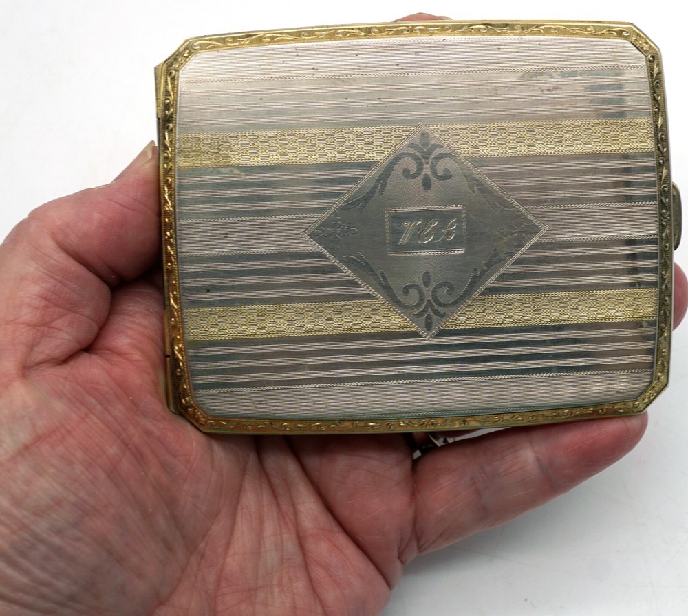 Antique Sterling Silver & Glit Engine Turned Design Cigarette Case