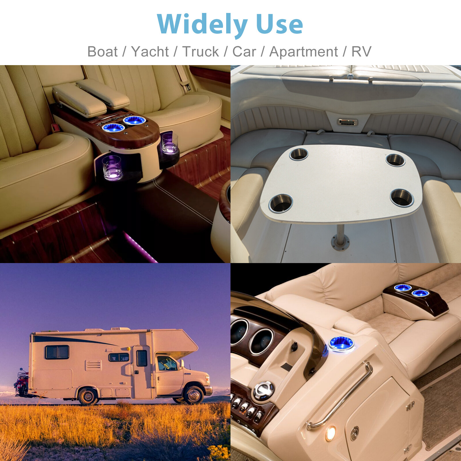 2X Stainless Steel Cup Drink Holder Blue 8 LED Insert for Marine Boat Truck RV