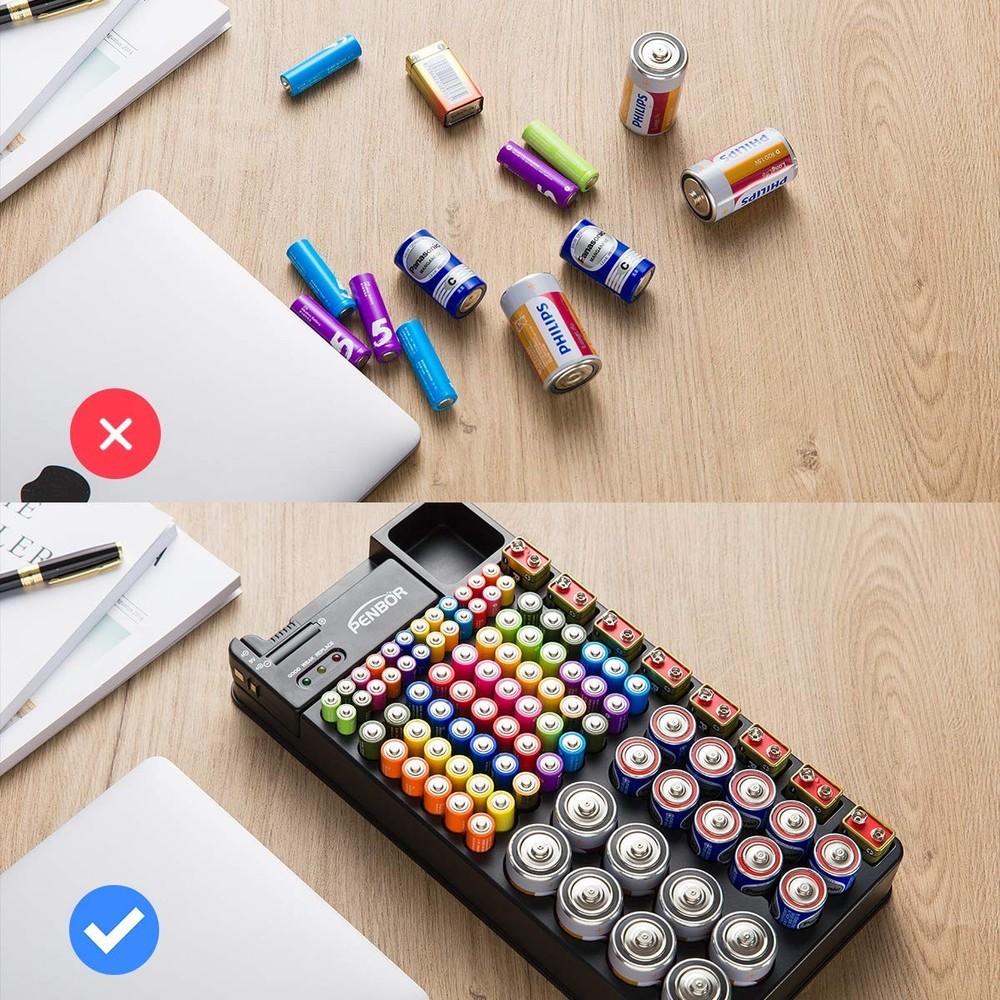 Compact Battery Storage with Tester - Holds 110 Various Sizes, Easy Access