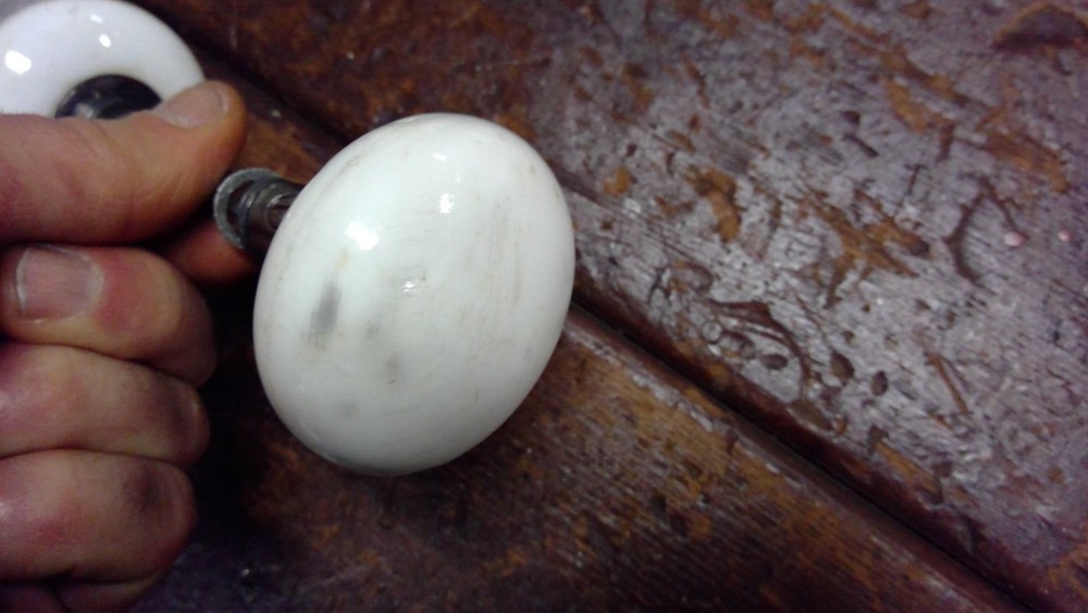 2 Vintage Porcelain Door Knob Handle White 2 Knobs with shaft.