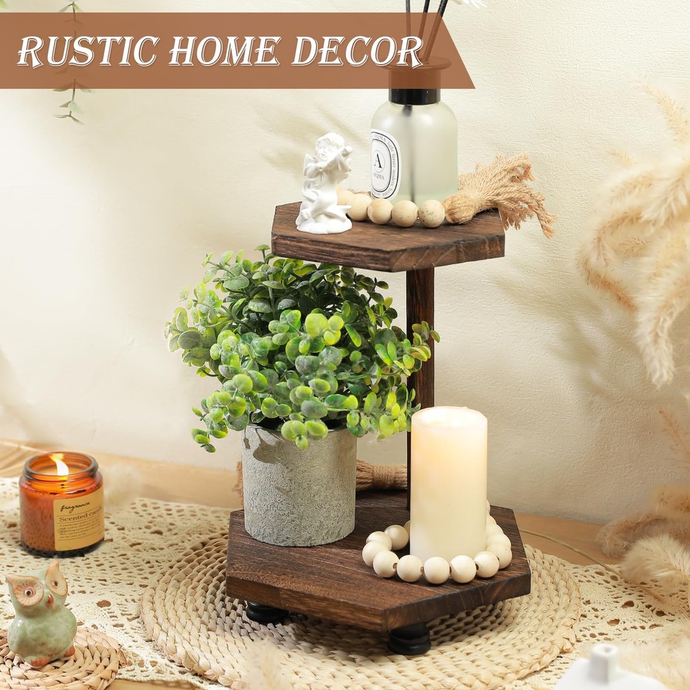 Hexagonal Wood Riser for Display, 2-Tier Rustic Wood Farmhouse Riser for Kitc...
