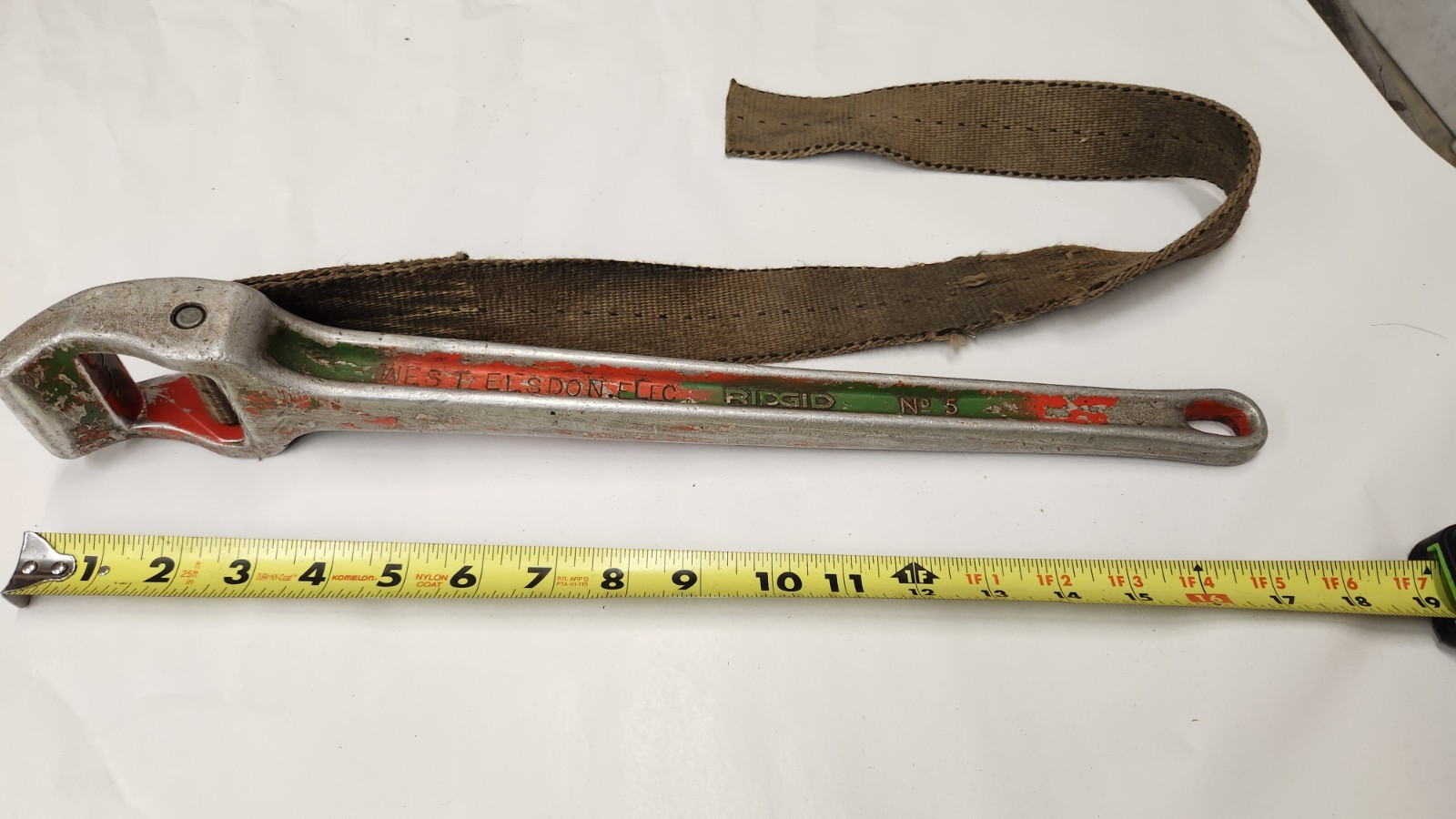 Ridgid No. 5 Adjustable Strap Pipe Wrench, 26" Strap w/Previous Owner Etchings