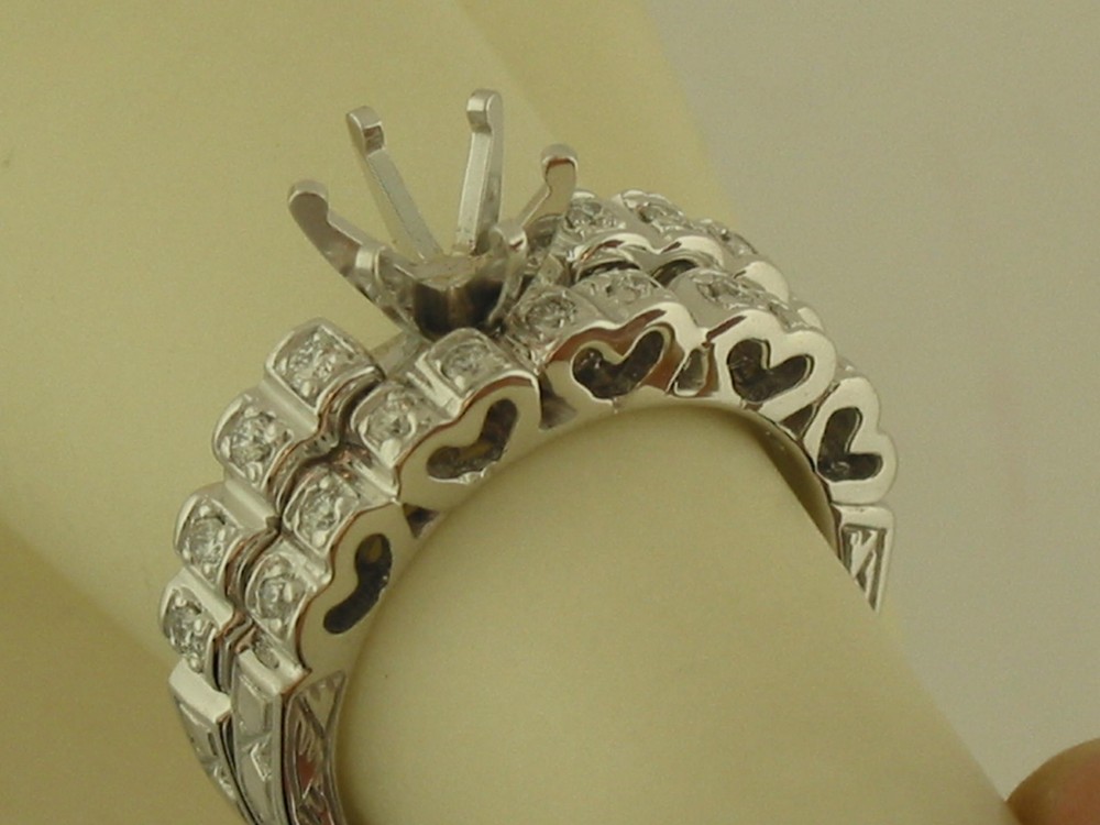 Heart Shape Engrave Style Semi Mount Diamond wedding Set 14K Solid White Gold