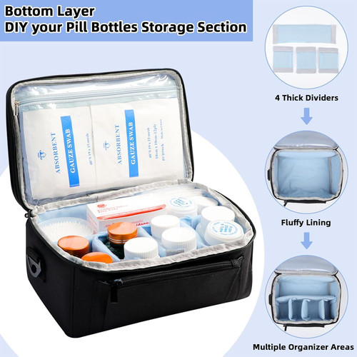 Medicine Bag for Traveling with Portable Small Pouch, Double Layer Pill Black