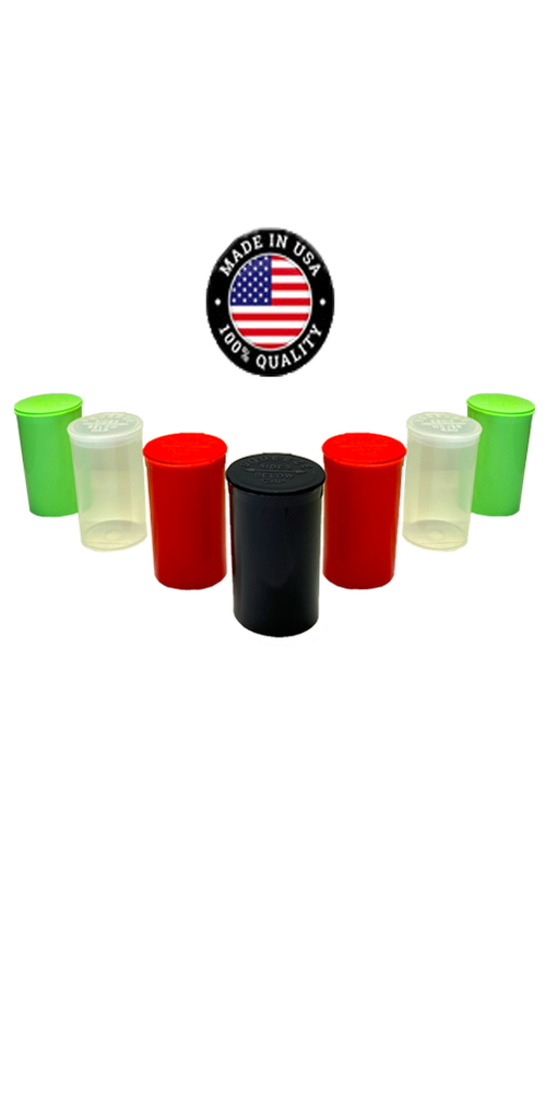100 Pack - 13 Dram Containers - Empty Pill Bottles attached Pop Top Caps, USA MF