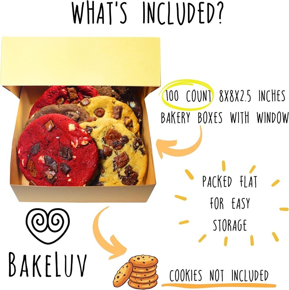 100 Pack 8x8 Brown Bakery Boxes with Window - Elegant Cookie & Treat Packaging