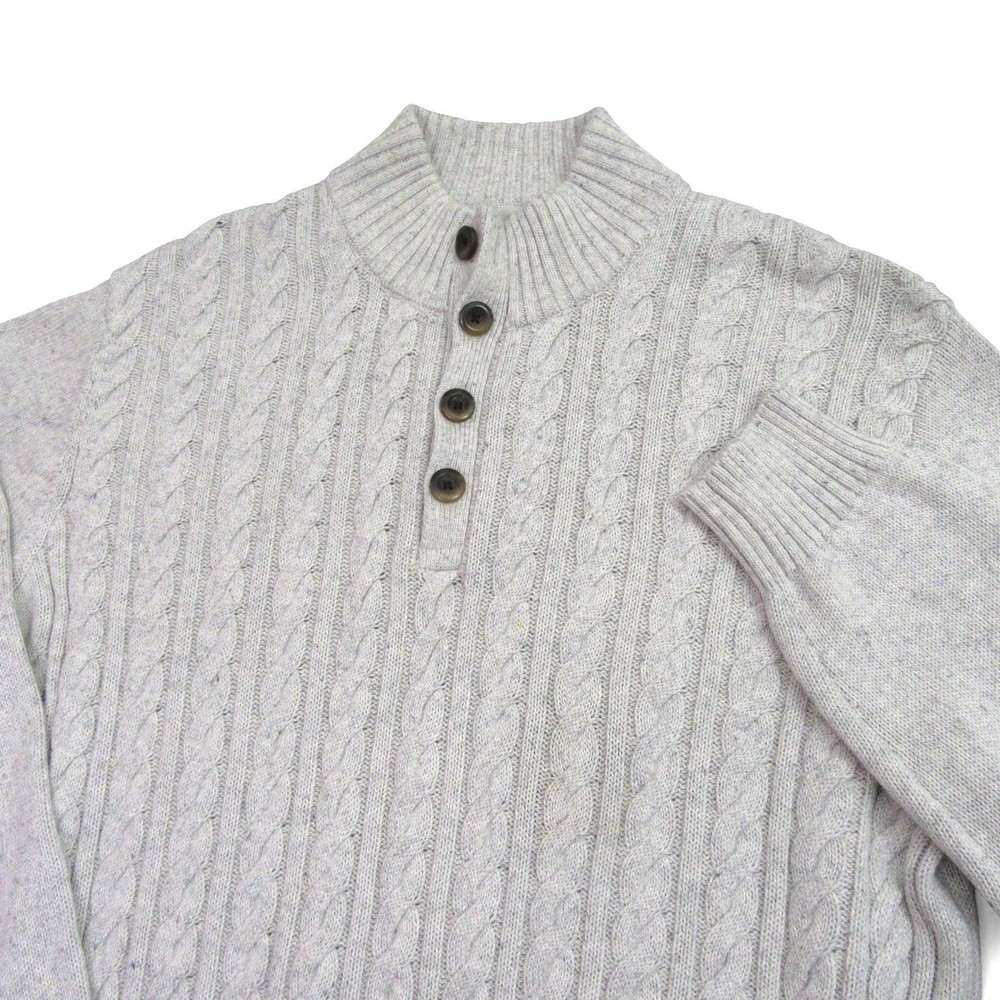St Johns Bay Mens Sweater Pullover XL Gray Quarter Button Placket Cable Knit
