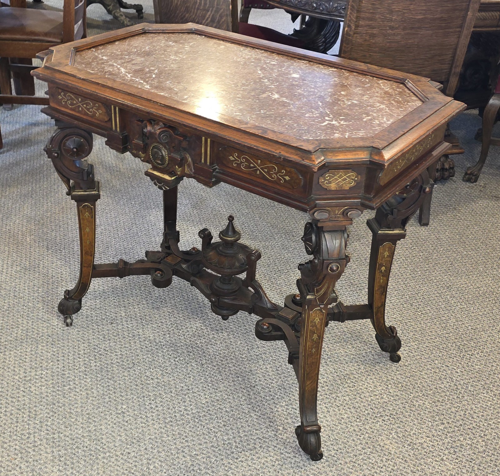 Antique Victorian Renaissance Revival Parlor table with framed Brown Marble top